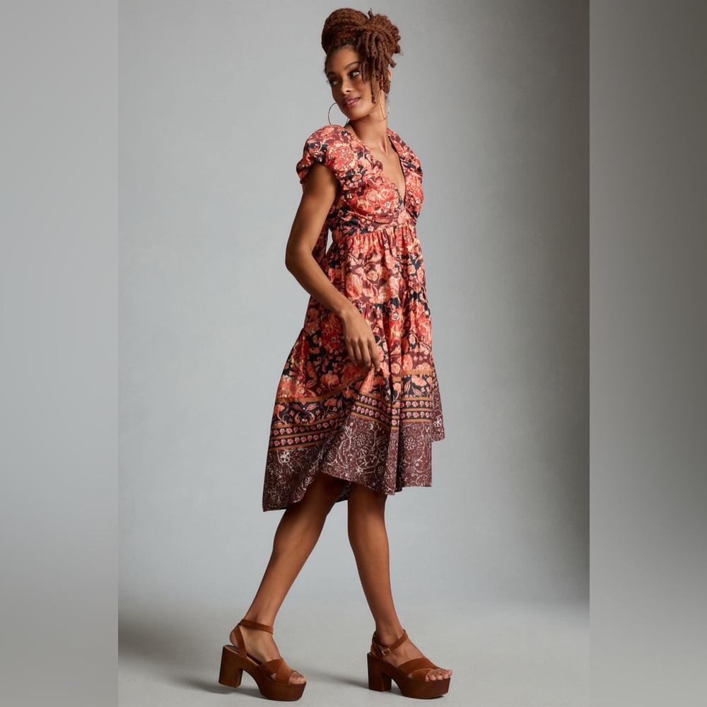 Anthropologie Printed V-Neck Babydoll Dress